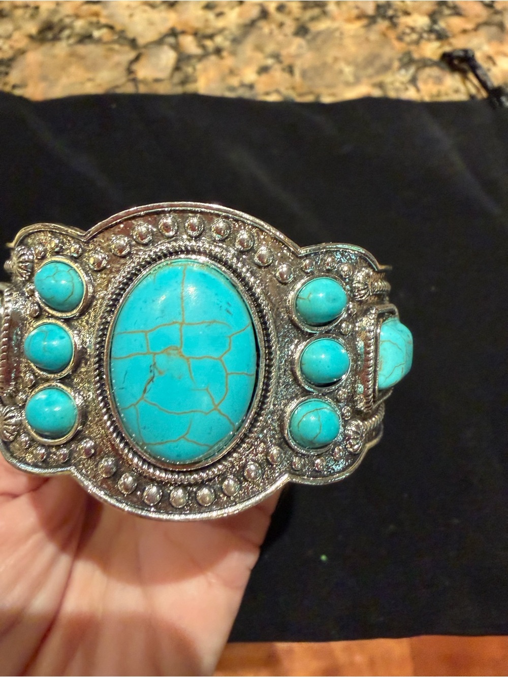 Turquoise Stone Silver-Tone Cuff Bracelet - Unbranded
